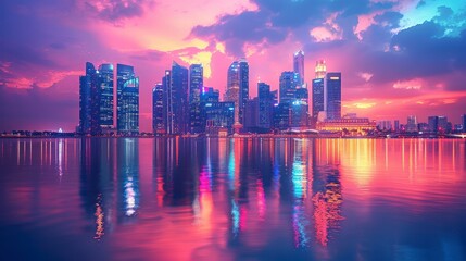 Obraz premium Cityscape at dusk, water reflects skyscrapers with pink, orange & blue sunset clouds