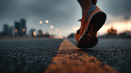 Urban Running: A Runner's Foot on Asphalt at Dusk