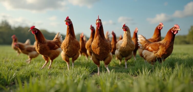 Flock of brown chickens foraging in green pasture under blue sky. Scene captures of free-range farming, natural poultry behavior. Birds roam freely, seeking food in meadow, representing sustainable - Powered by Adobe