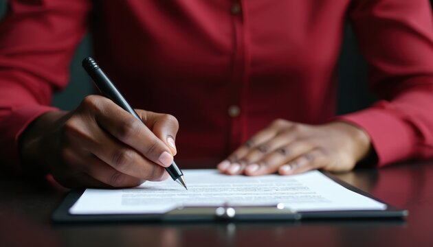 Person in red shirt signs document with black fountain pen. Close-up of hand writing ink on paper for official paperwork, contract, deal, or agreement confirmation. Business or legal process.