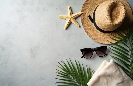 Flat lay of summer vacation essentials on textured background. Includes straw hat, sunglasses, starfish, plush towel, and palm leaves. Perfect for beach holidays, travel, and relaxation.