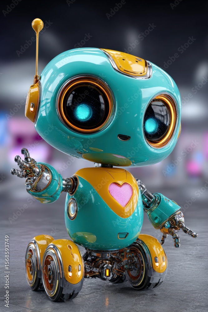Poster Adorable futuristic robotic toy with large expressive eyes colorful body and metallic limbs standing on a blurred background