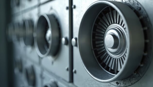 Closeup of industrial ventilation system with metal fire damper flaps. Engineering construction of steel air duct components. Mechanical system, galvanised material, volume control, flange, lever.