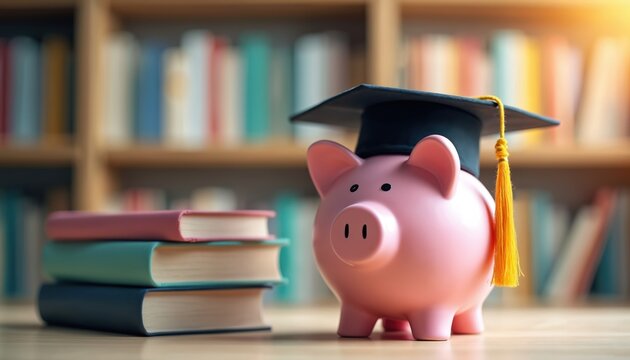 Pink piggy bank wearing graduation cap sits near stack of books. Education costs, savings, financial planning for college, university student loans. Blurred bookshelf background suggests academic