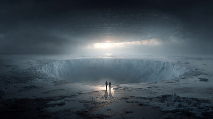 Two flying saucers land in Antarctica’s icy landscape, revealing a hidden hollow Earth entrance. Two tall extraterrestrial beings emerge. Mysterious sci-fi scene with caption space on the side.

