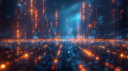 Abstract lights shimmer in digital space. Depths of blue meet warm orange in pixelated, ethereal scenery