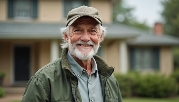 Portrait of happy, confident senior man with beard, cap, standing outdoors in front of house. Radiates enjoyment, satisfaction in retirement years. Image captures moment of carefree joy, contentment.