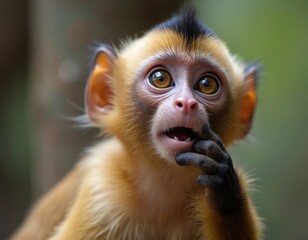 Fototapeta premium Tufted capuchin monkey closeup shows cheeky, mischievous expression. Monkey hand touches chin. Wild animal portrait captures inquisitive primate with big eyes, pondering thought. No people present.