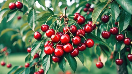 Obraz premium Ripe Juicy Red Cherries On A Cherry Tree Amongst Green Leaves In The Garden with Empty Copy Space For Text