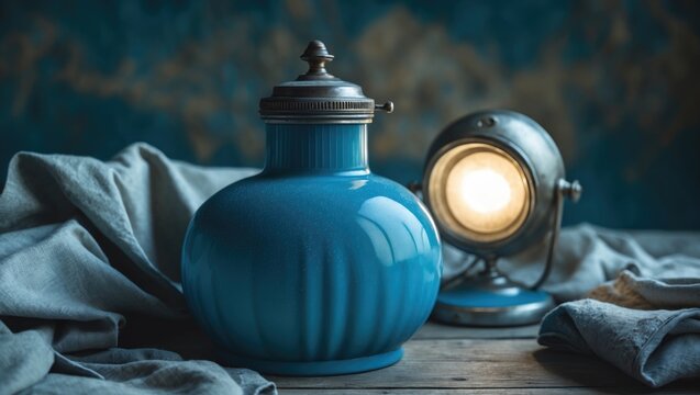 A blue lamp and a piece of cloth on a wooden surface