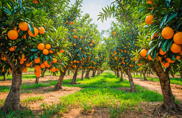 Multiple orange trees bearing ripe fruit aligned neatly in bright orchard