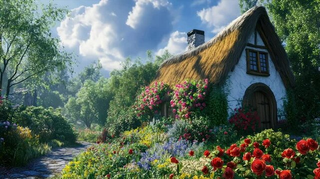 Picturesque cottage nestled amidst vibrant flowers and lush greenery under a sunny sky