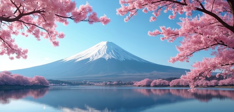 Majestic Mt Fuji, Japan tallest volcano, snow-capped, conical, viewed in vibrant pink sakura trees during spring. Natural landscape offers breathtaking backdrop with tranquil lake reflection, ideal