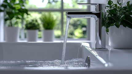 A chrome faucet streams water into a pristine white bathtub in a sleek, modern bathroom. Minimalist design, clean lines, and a fresh ambiance emphasize comfort, hygiene, and home elegance.

