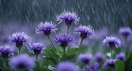Obraz premium Purple Flower Before Rain Fall with raindrops and lush green leaves after rain. Nature scene featuring blooming flowers.