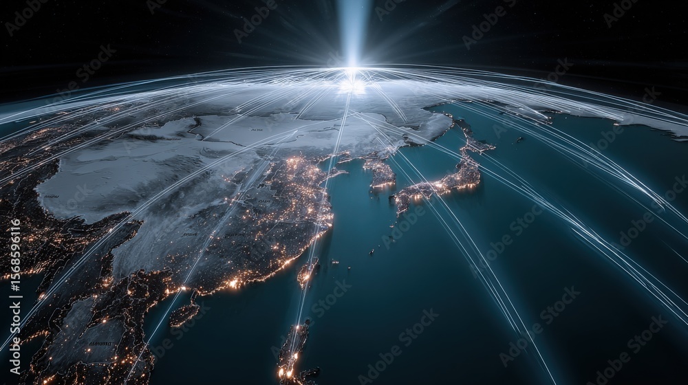 Poster stunning digital illustration of earth from space showing illuminated continents and glowing network