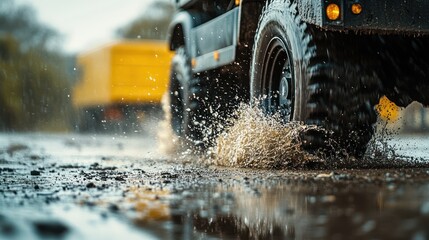 Rainy Day Drive: Off-Road Vehicle Splashing Through a Puddle