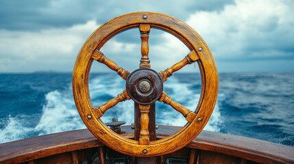 Close-up of a soaked wooden ship wheel glistening with rain, surrounded by ocean spray and turbulent skies. Symbol of navigation, perseverance, and stormy journeys. Maritime drama and adventure.


