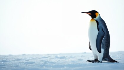 Fototapeta premium Emperor penguin waddles across icy terrain. This flightless bird stands on snow. One animal isolated on white backdrop, showcasing unique features and habitat.
