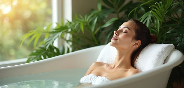 Young woman enjoys tranquil spa bath surrounded by green tropical plants. Eyes closed, relaxes in warm water, practicing self-care for skin, body. Bathroom setting offers serene wellness ambiance.