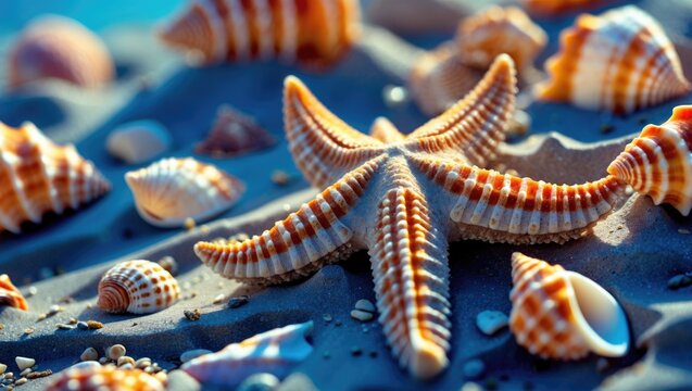 Sand figure of starfish made of seashells