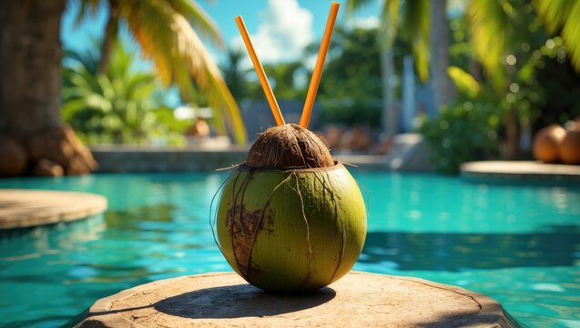 Coconut with straw in poolside with empty copy space for text.