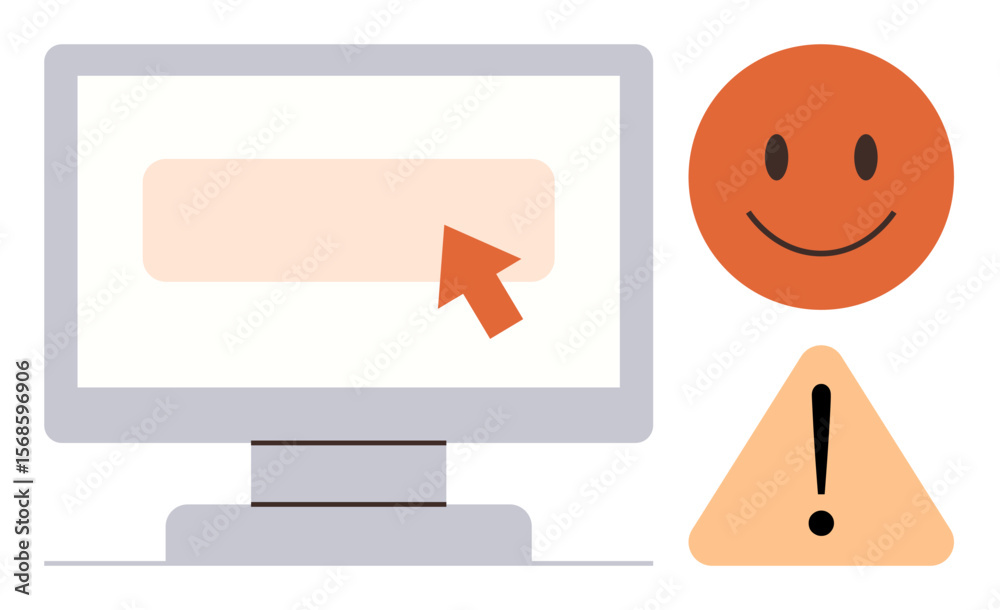 Poster computer screen with cursor hovering over a field, orange happy face, and triangle warning sign. ide