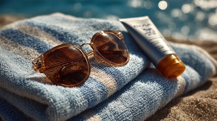 Summer Beach Essentials: Sunglasses, Towel, and Sunscreen