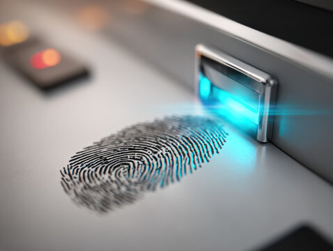 Fingerprint scanner with blue light showing biometric authentication process clean surface, modern security technology concept. - Powered by Adobe