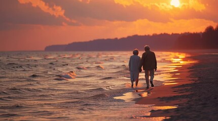 Senior couple walking on beach at sunset enjoying retirement and golden years travel and vacation time