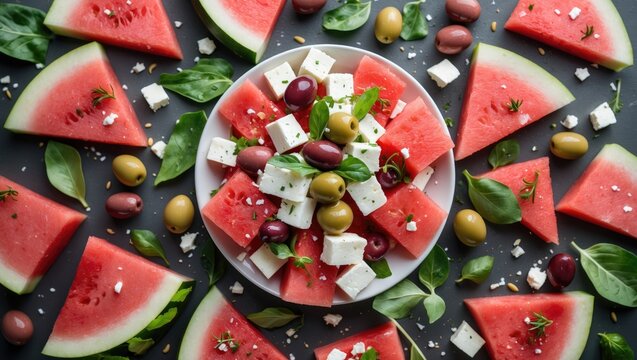 Summer Salad with Watermelon, Feta Cheese, and Olives. Top View, Flat Lay. Empty Copy Space for Text - Powered by Adobe