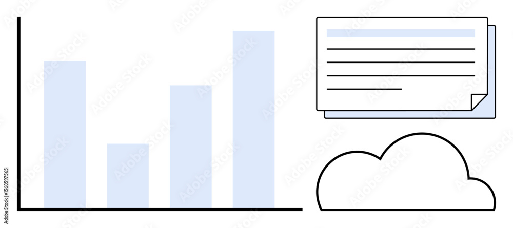 Poster bar graph with three columns, document notes, and a cloud icon representing data analysis, organizat