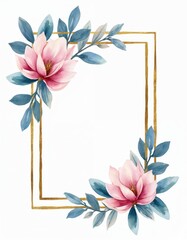Naklejka premium Golden frame adorned with watercolor magnolia flowers, blue eucalyptus leaves. Features delicate pink blossoms, translucent foliage, suitable for wedding invitations, greeting cards, floral design