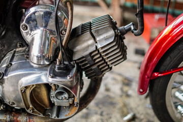 Close-up shot showcasing the intricate details of a motorcycle engine, with its polished chrome and...