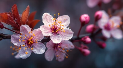 Pink Blossom Delights: A Close-Up of Dew-Kissed Cherry Blossoms