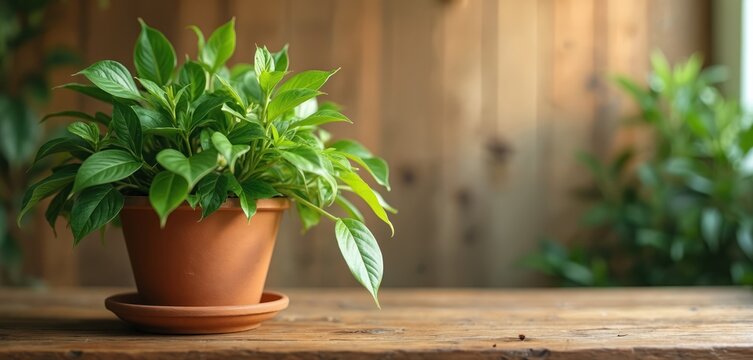 Terracotta pot with green plant sits on wooden table. Natural setting, with blurred background foliage, warm lighting, suggests tranquil garden home environment. Image perfect for themes of growth,