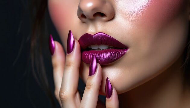 Close-up of woman with metallic purple lipstick, matching stiletto nails. Features flawless makeup, including blush. Perfect for beauty salon advertising, cosmetic promotions, fashion blogs focusing