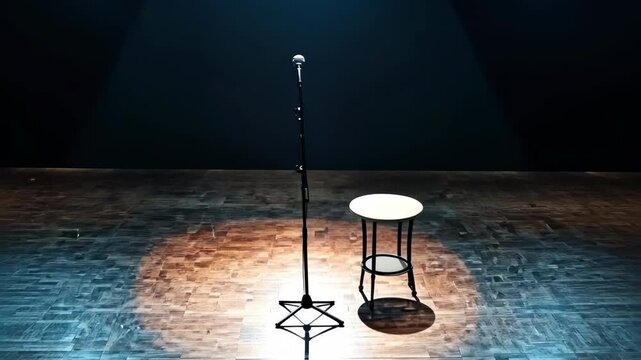 A microphone stand is on a stage with a microphone. The stage is dark and empty