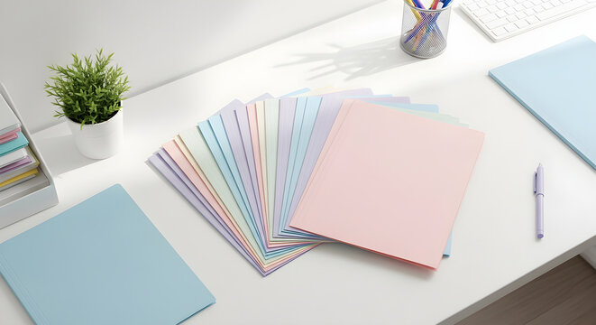 Pastel colored folders on white office desk, top view