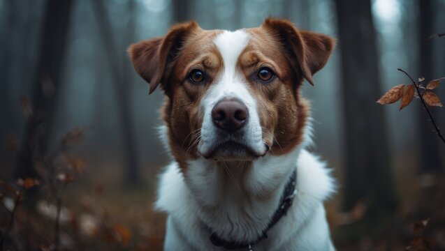 A beautiful white and brown dog staring at the camera in a forest setting
