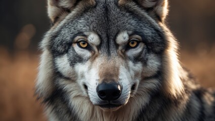 Fototapeta premium A beautiful and calm wolf close-up with a gaze. Wolf portrait showcasing confidence and self-assurance.