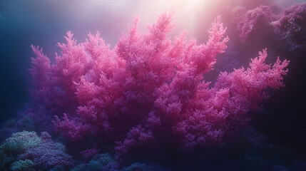 Glowing pink cellular cluster illuminated softly in a dark underwater environment. Organic shapes create a mysterious, bioluminescent effect, evoking deep-sea life and microscopic marine biology.

