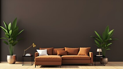 a modern living room with a rich, dark-colored wall