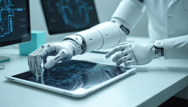 Futuristic robotic arm interacts with tablet interface in modern workspace. Sleek prosthetic limb, science, engineering, bioengineering, smart tech, creativity, automation, future advancement.