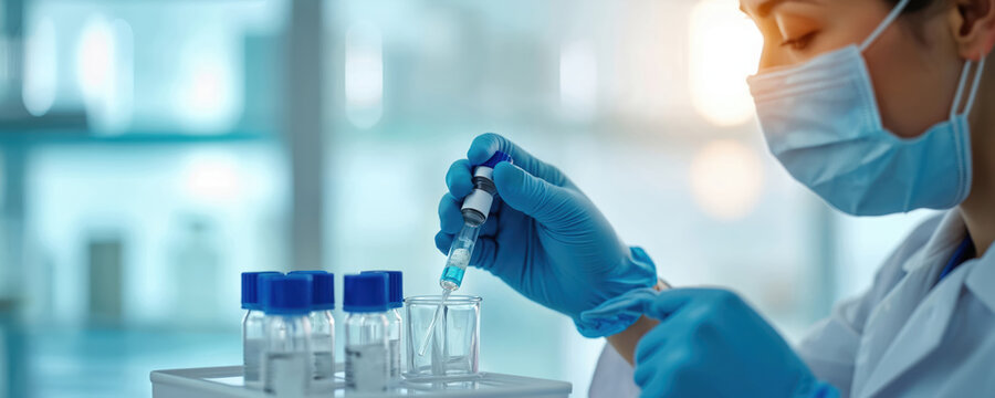 Health care researcher in protective mask and gloves works with vaccine samples in lab. Scientist conducts medical research, tests vaccine protection cure treatment for coronavirus covid-19 virus.