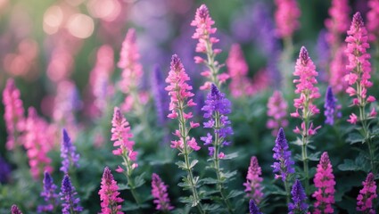 Obraz premium Pink, Purple, Violet Verbena Flowers on Green Foliage Background with Empty Space for Text