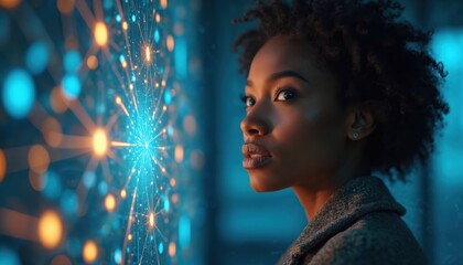 African American woman looks towards glowing digital network. Female contemplates future technology, innovation, AI. Represents business, career, success, leadership in modern, sophisticated world of