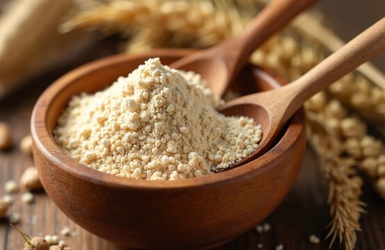 Close-up macro view of cricket flour in wooden bowl with spoon. Edible insect powder, high protein, healthy food, crunchy meal for cooking. Sustainable, organic ingredient for future eateries,