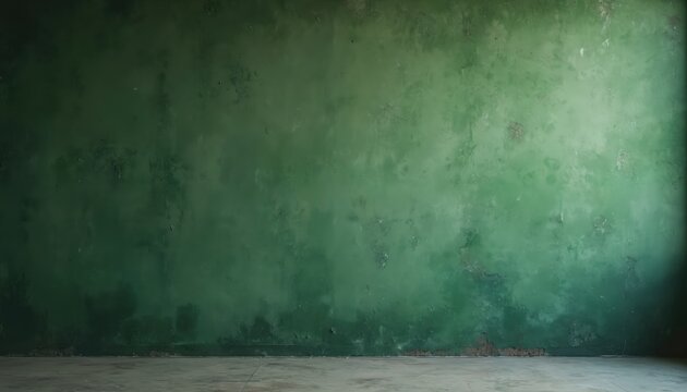 Aged green wall with grunge texture. Vintage wallpaper effect, distressed paint. Dark, dirty, aged, blank background for design. Retro, weathered look with subtle pattern variations.