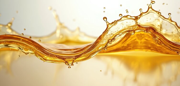 Golden oil splash with dynamic fluid motion, smooth glossy texture, and droplets. This abstract liquid appears luxurious and premium, perfect for food, beauty, and automotive industries.